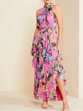 Alex Marie Nina Sleeveless Mock Neck A-Line Dress Fandango Pink NWT $248